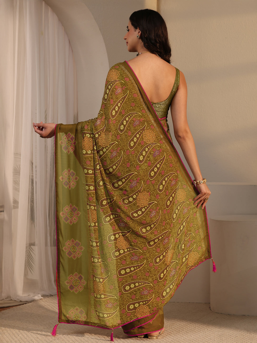  Libas Olive Green Paisley Printed Georgette Saree 