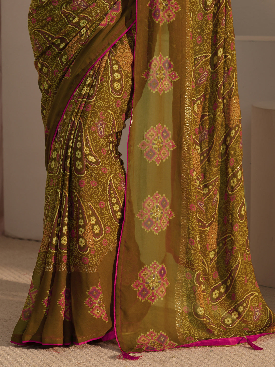  Libas Olive Green Paisley Printed Georgette Saree 