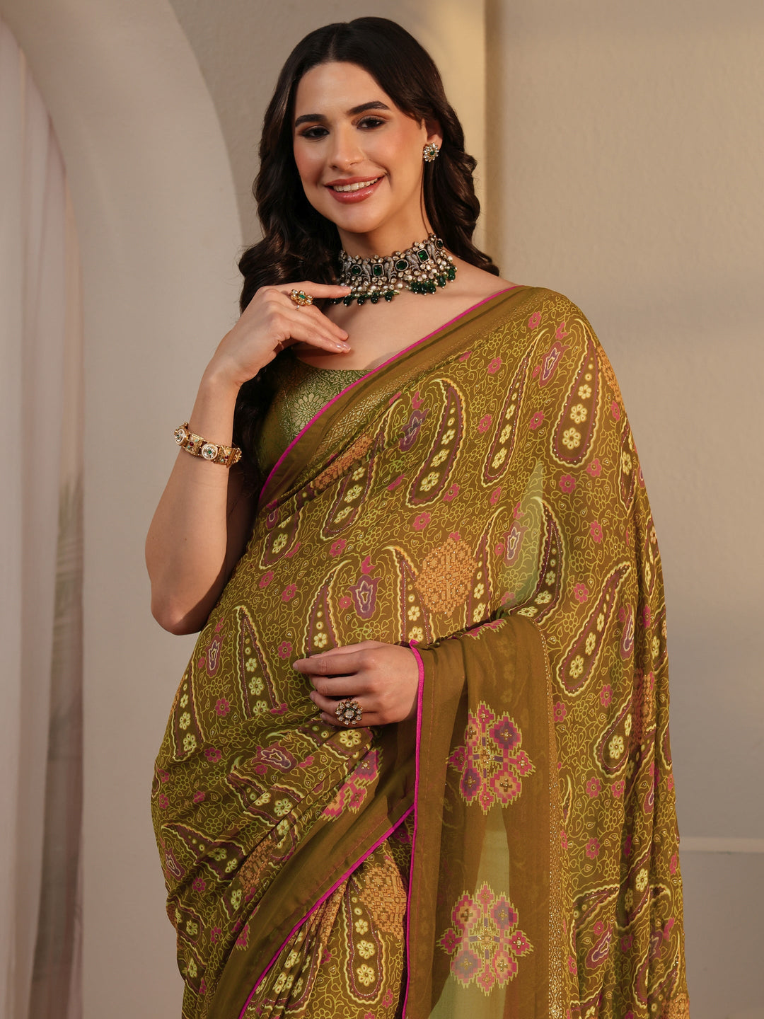  Libas Olive Green Paisley Printed Georgette Saree 