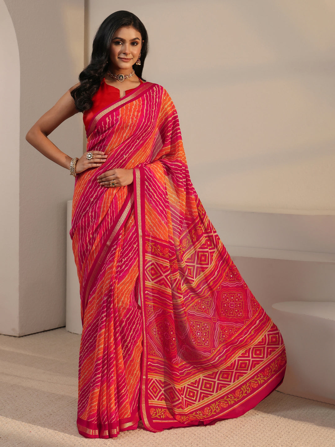  Libas Multi Coloured Leheriya Printed Georgette Saree 