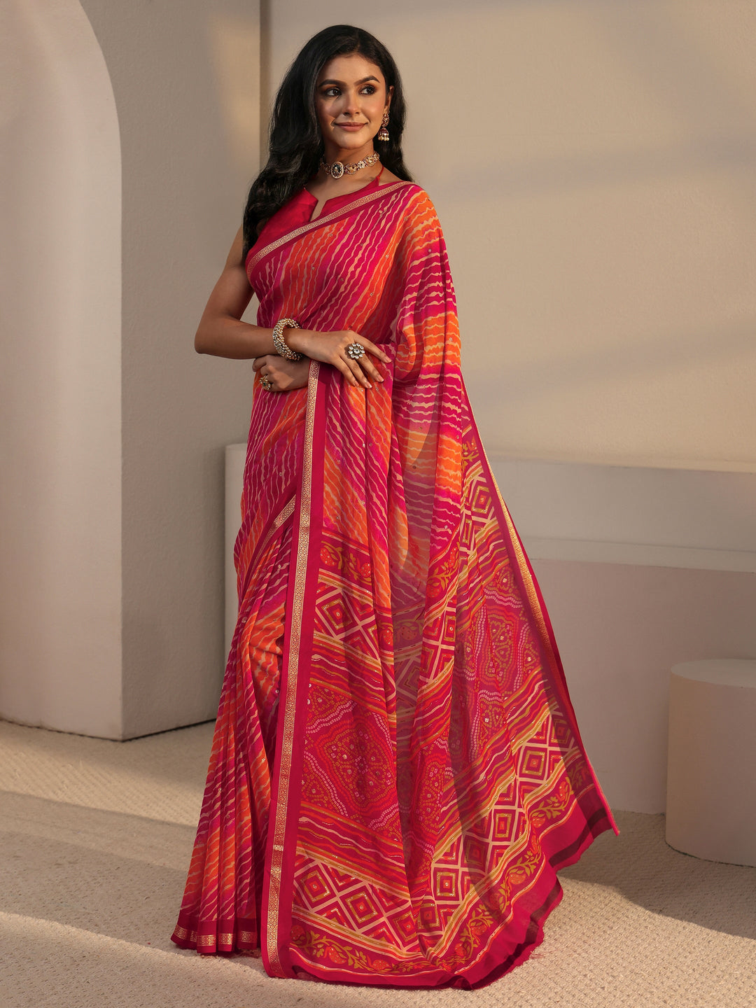  Libas Multi Coloured Leheriya Printed Georgette Saree 