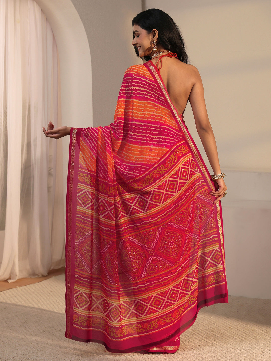 Libas Multi Coloured Leheriya Printed Georgette Saree 