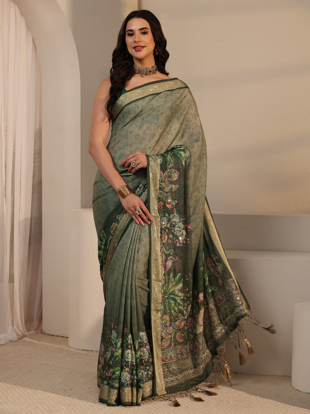  Libas Green Floral Printed Silk Blend Tassel Saree 