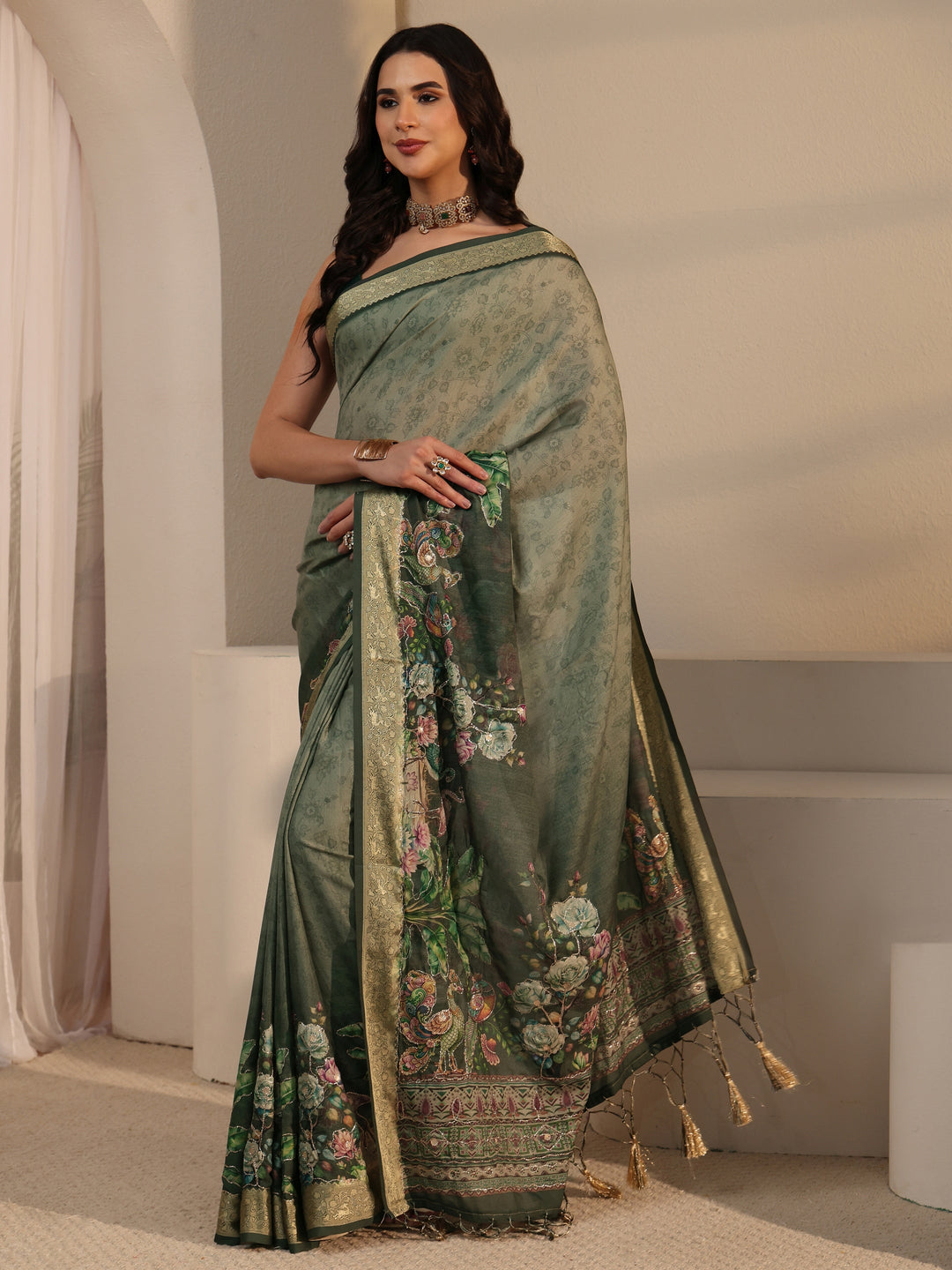  Libas Green Floral Printed Silk Blend Tassel Saree 