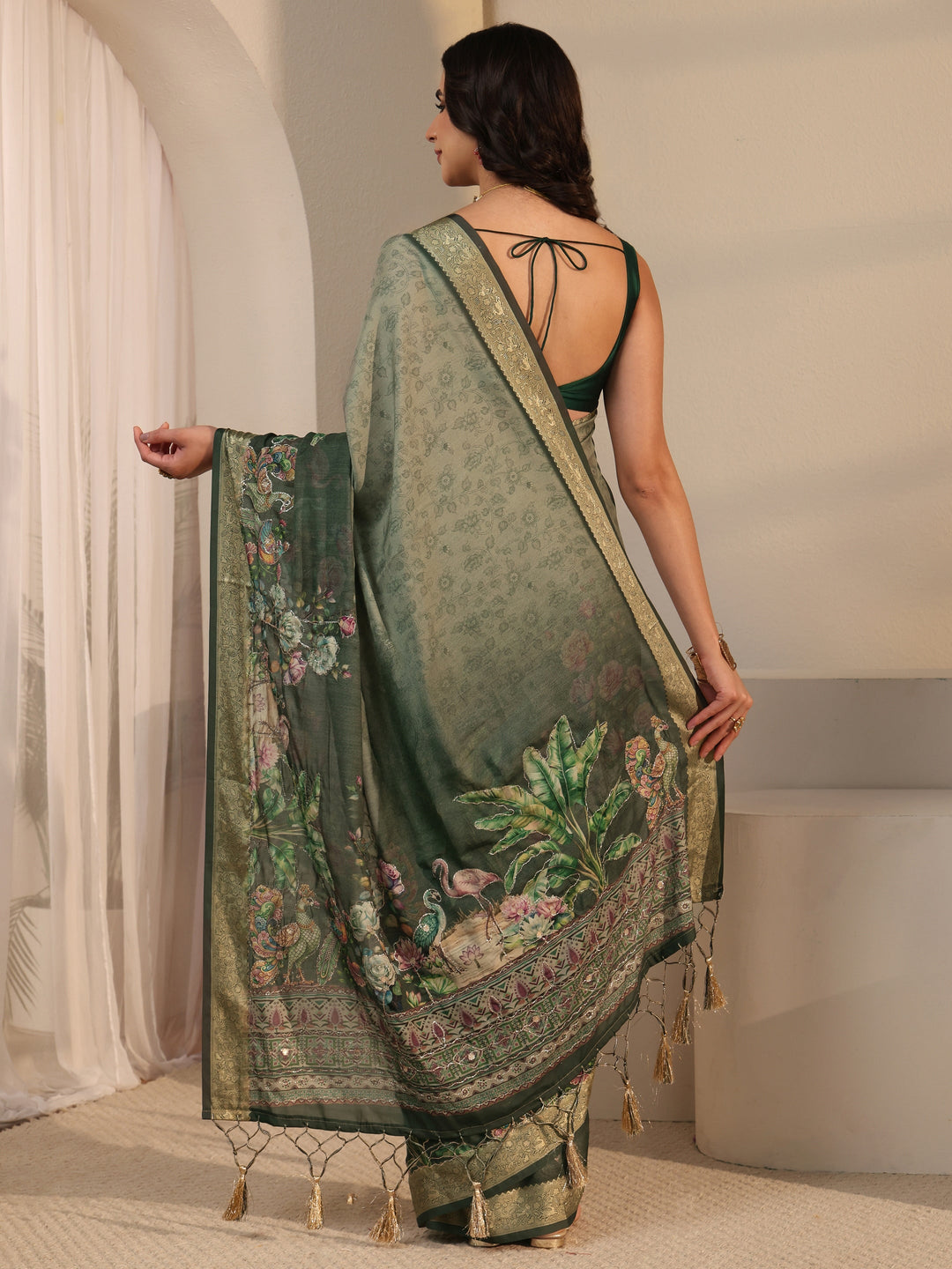  Libas Green Floral Printed Silk Blend Tassel Saree 