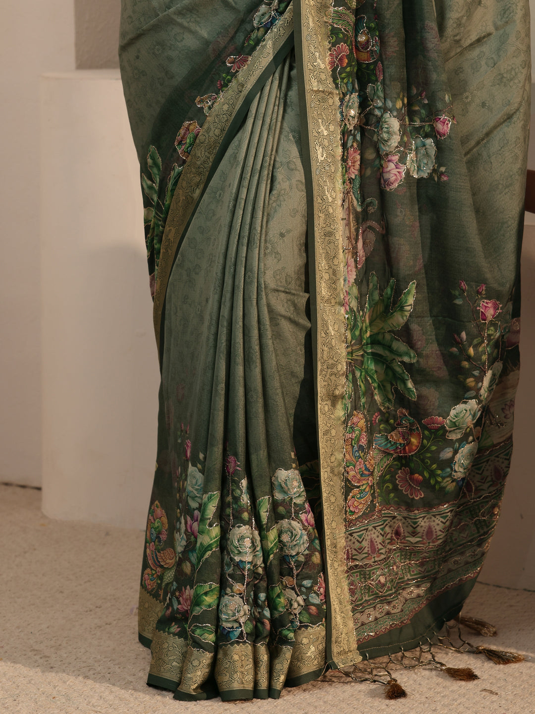 Libas Green Floral Printed Silk Blend Tassel Saree 