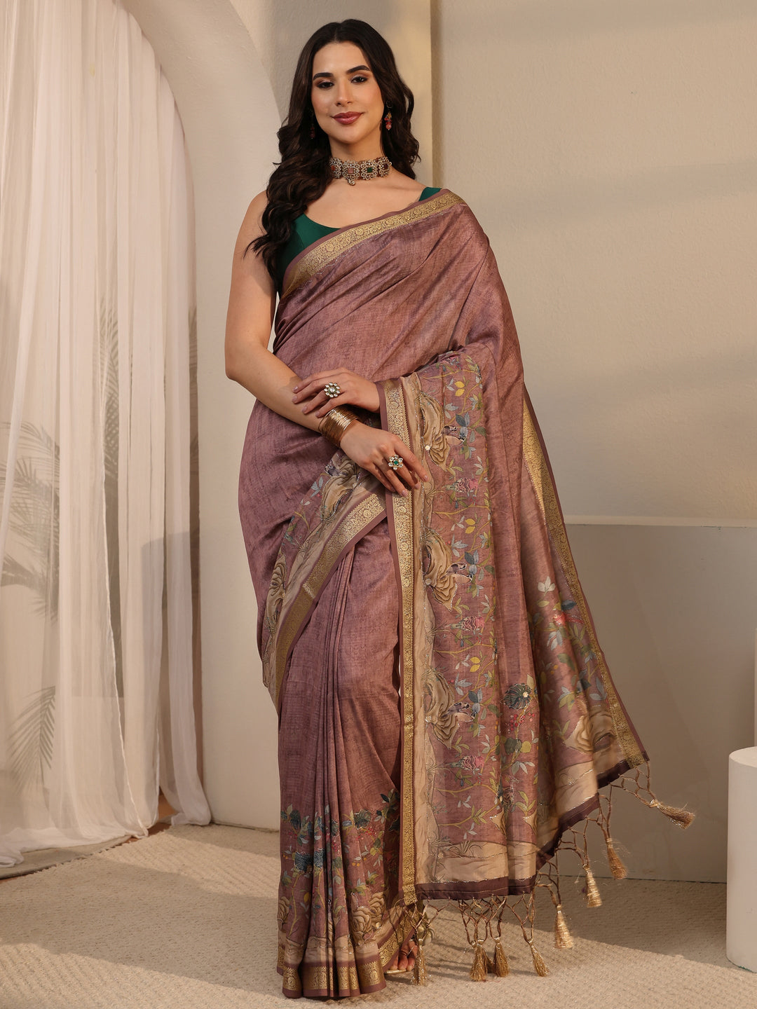  Libas Brown Floral Printed Silk Blend Tassel Saree 