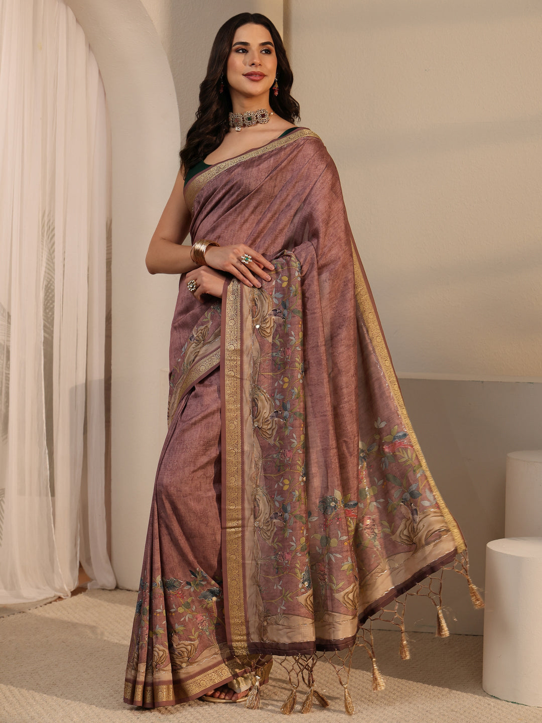  Libas Brown Floral Printed Silk Blend Tassel Saree 