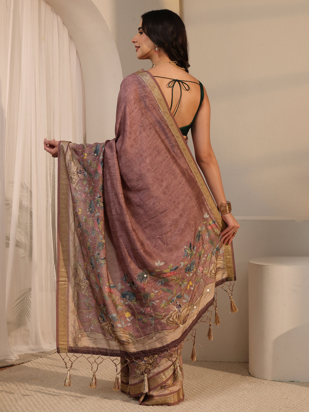  Libas Brown Floral Printed Silk Blend Tassel Saree 