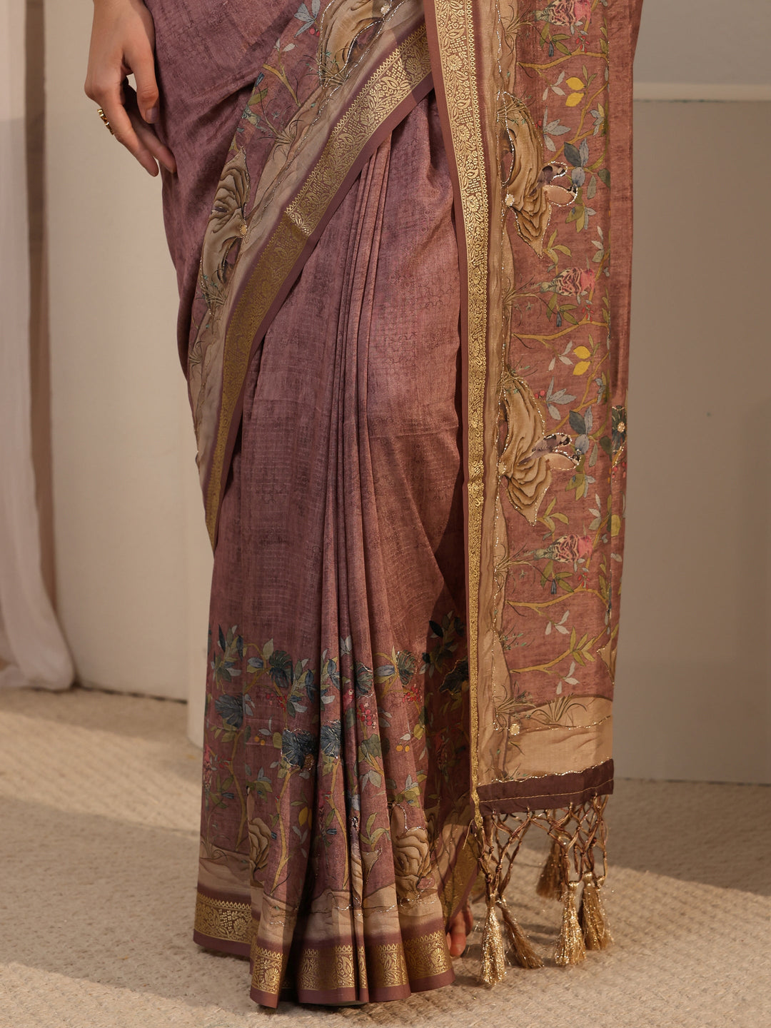  Libas Brown Floral Printed Silk Blend Tassel Saree 