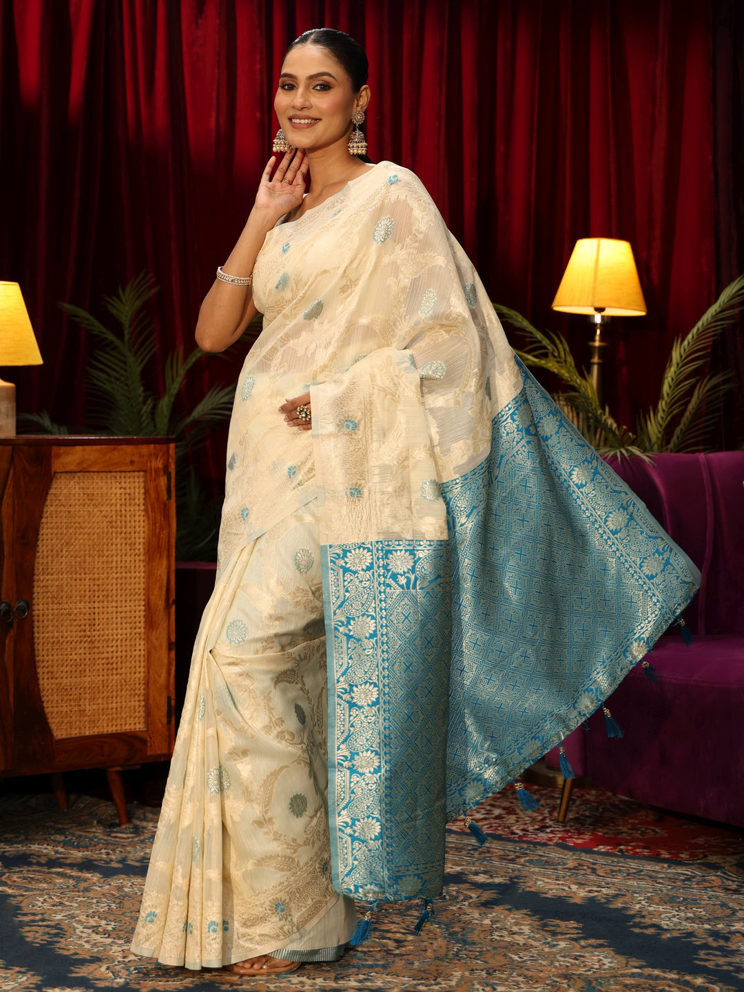 Libas Cream Floral Woven Design Silk Blend Tassel Saree 