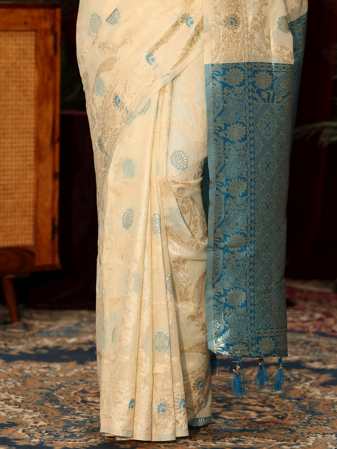  Libas Cream Floral Woven Design Silk Blend Tassel Saree 
