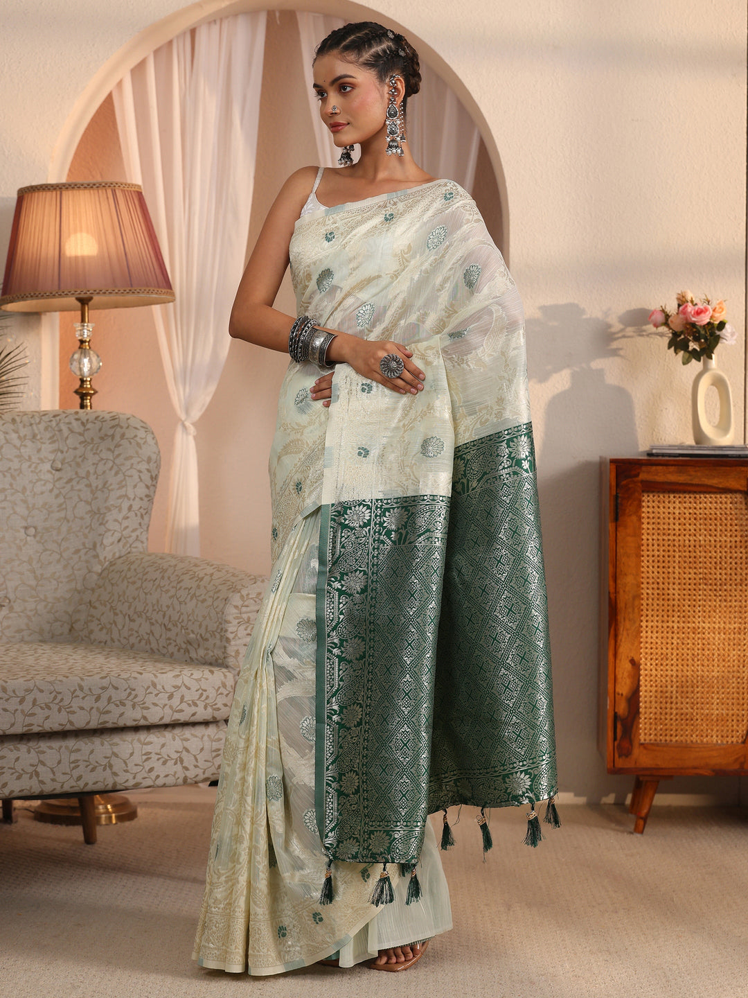  Libas Beige and Green Floral Woven Design Silk Blend Tassel Saree 
