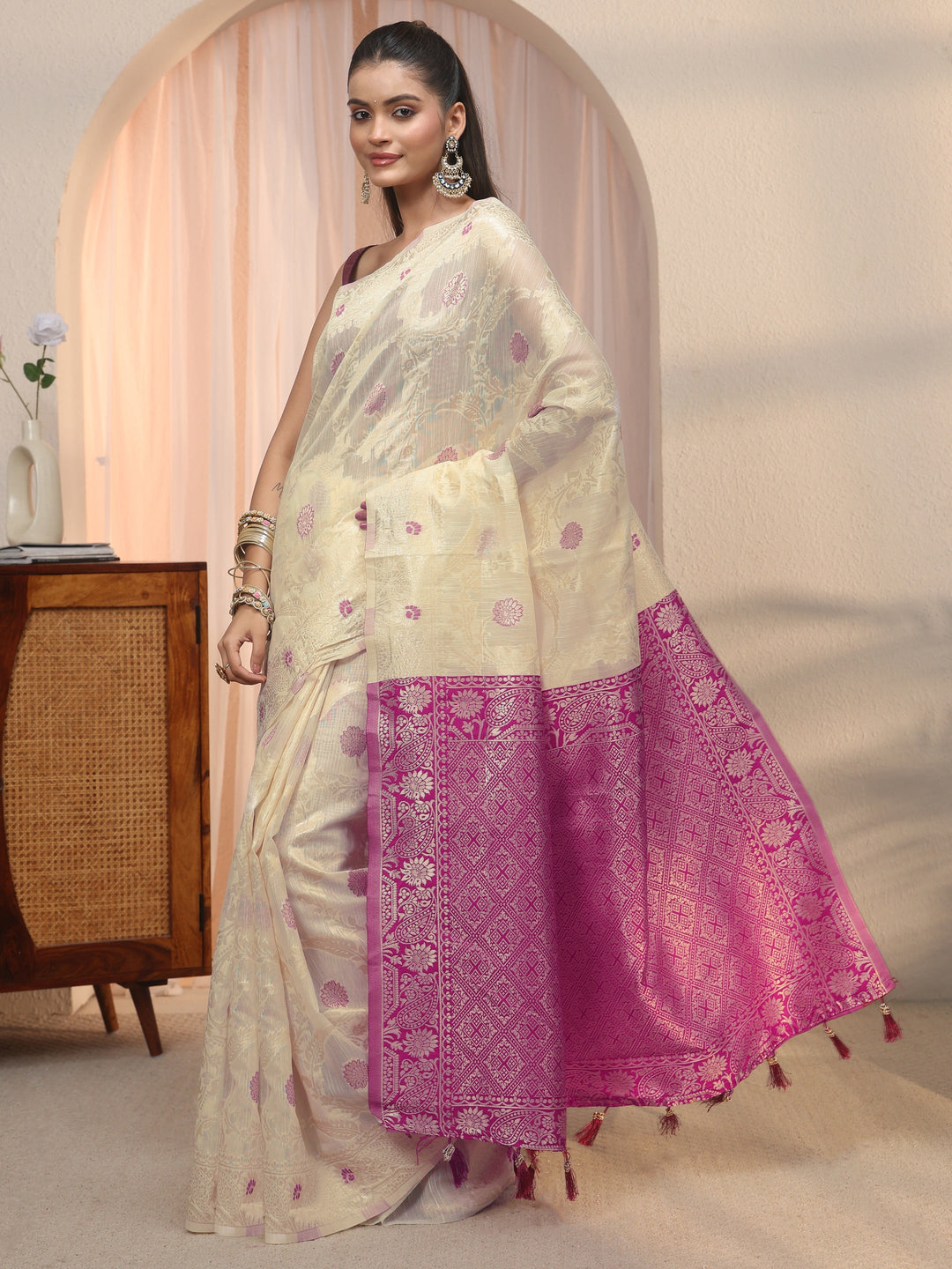 Libas Beige Floral Woven Design Silk Blend Saree 
