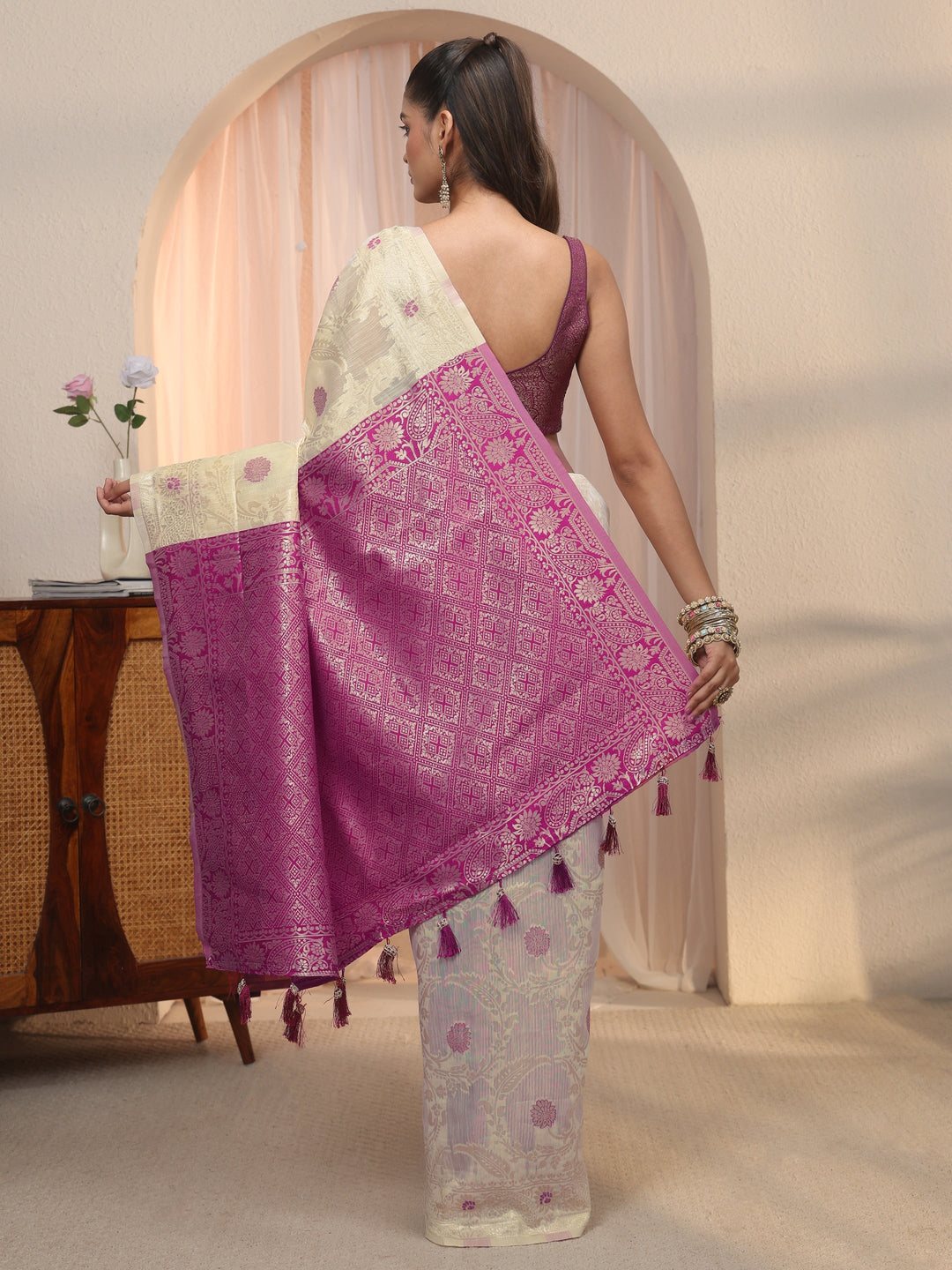  Libas Beige Floral Woven Design Silk Blend Saree 
