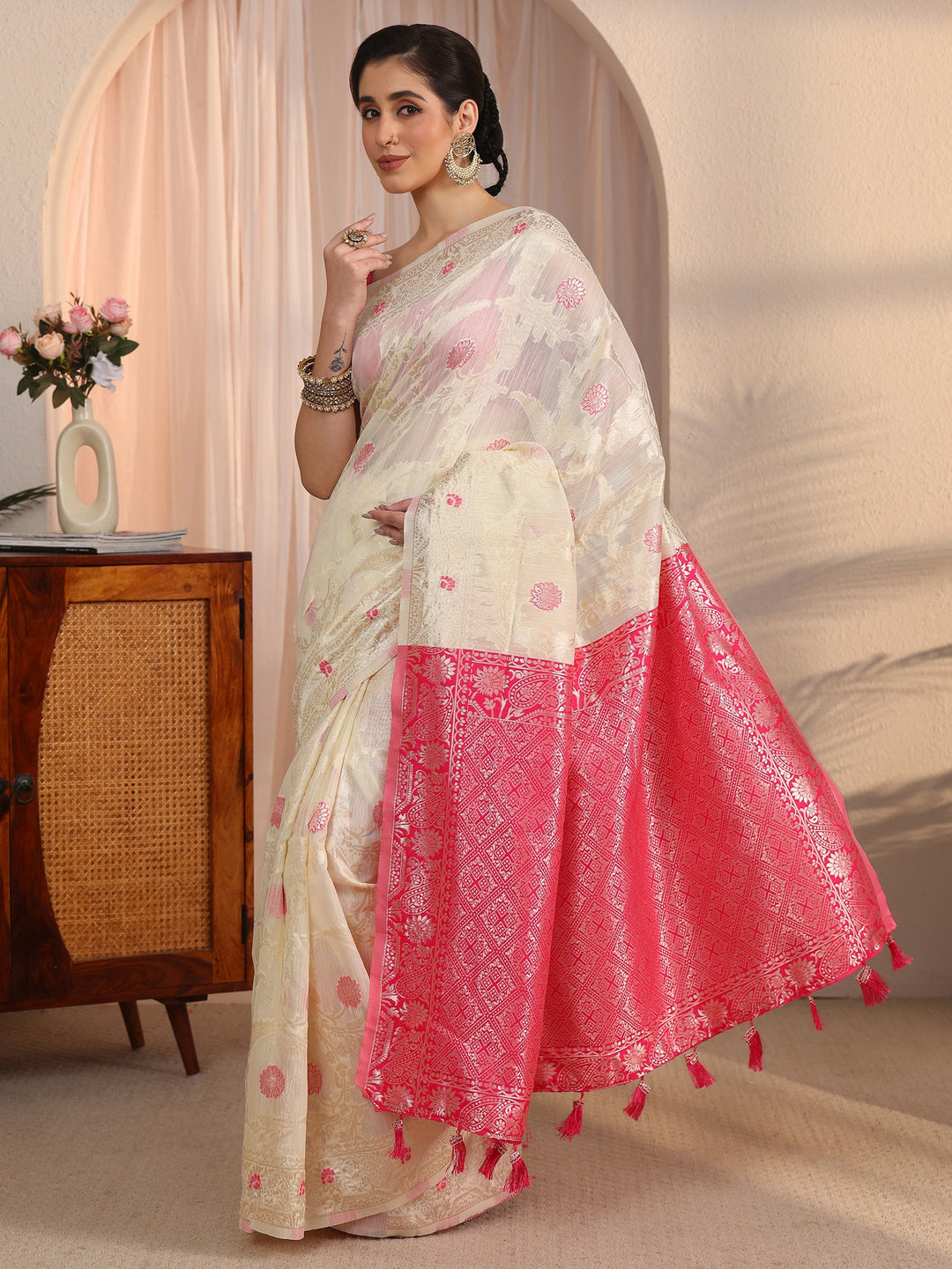  Libas Beige and Pink Floral Woven Design Silk Blend Tassel Saree 