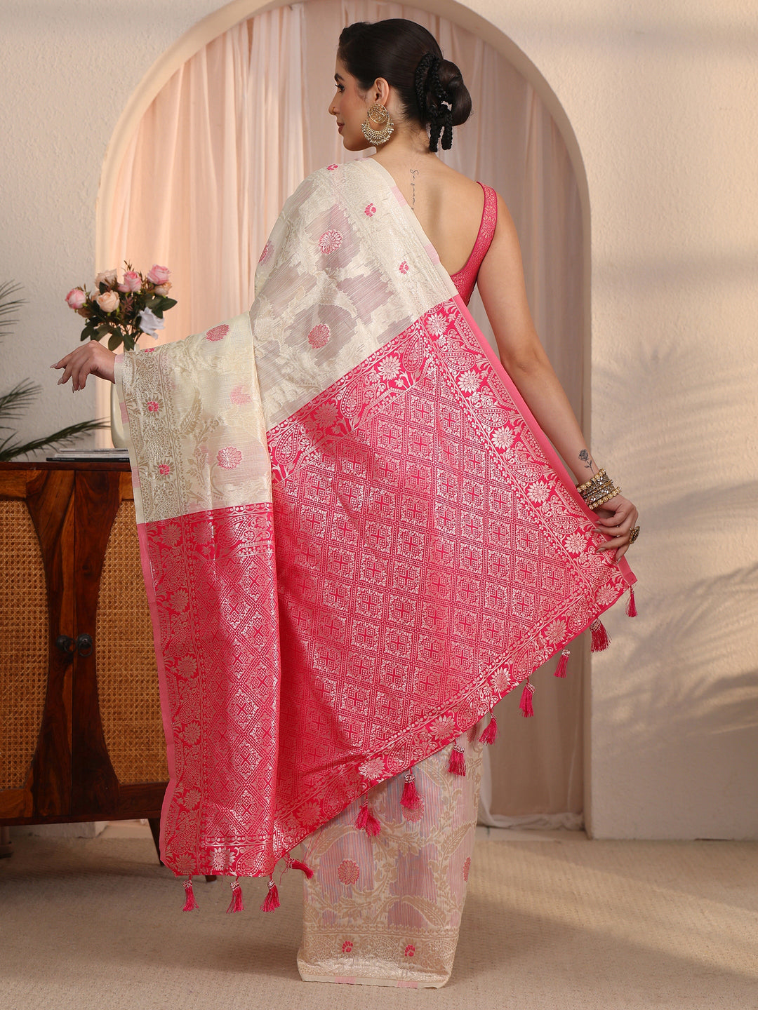  Libas Beige and Pink Floral Woven Design Silk Blend Tassel Saree 