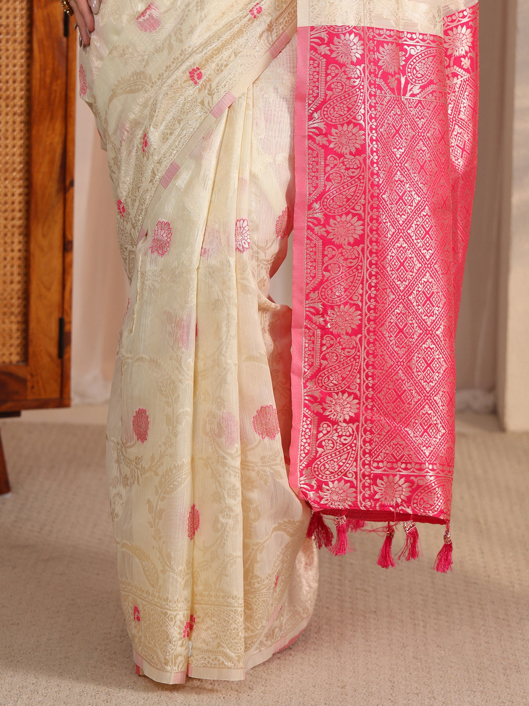  Libas Beige and Pink Floral Woven Design Silk Blend Tassel Saree 