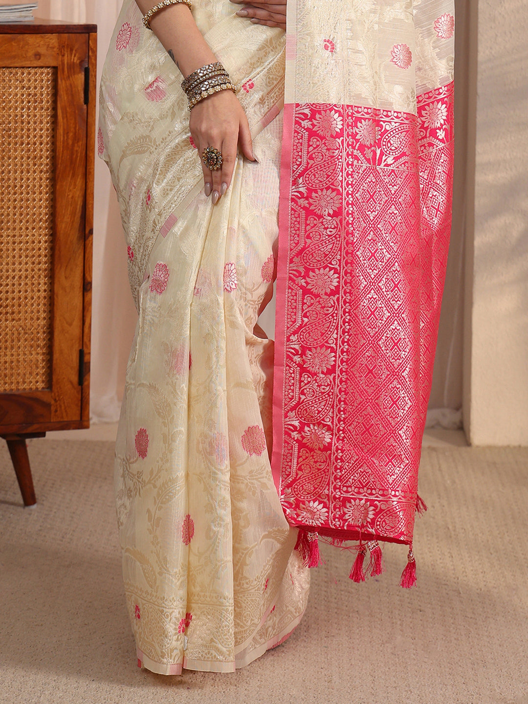  Libas Beige and Pink Floral Woven Design Silk Blend Tassel Saree 