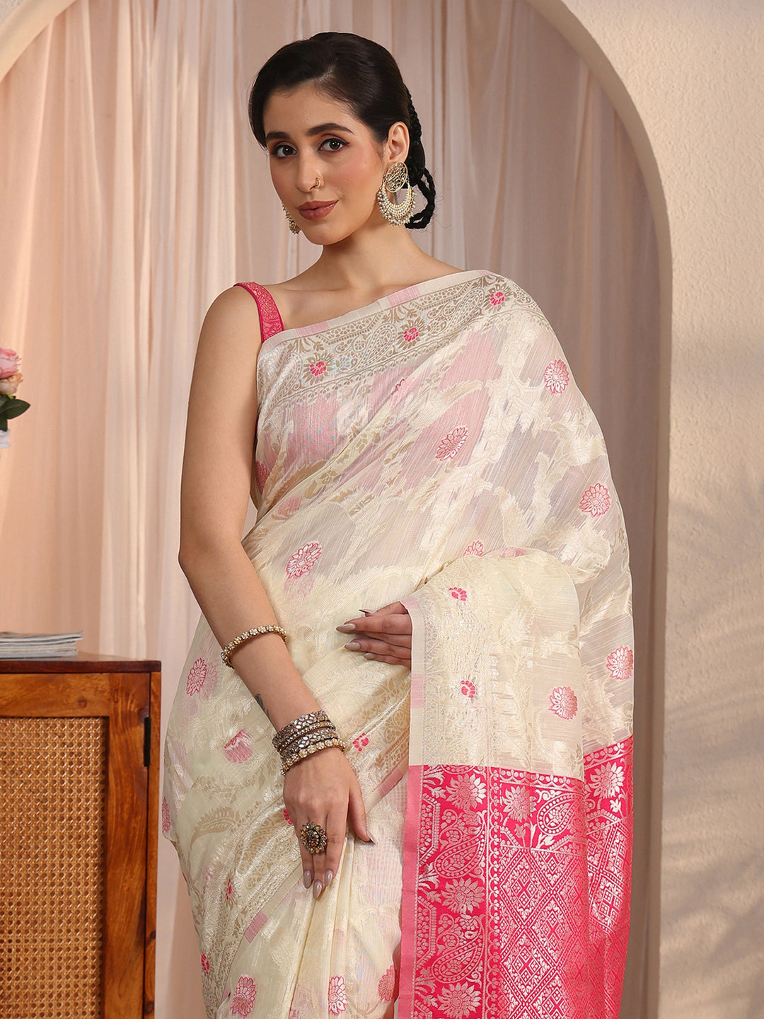  Libas Beige and Pink Floral Woven Design Silk Blend Tassel Saree 