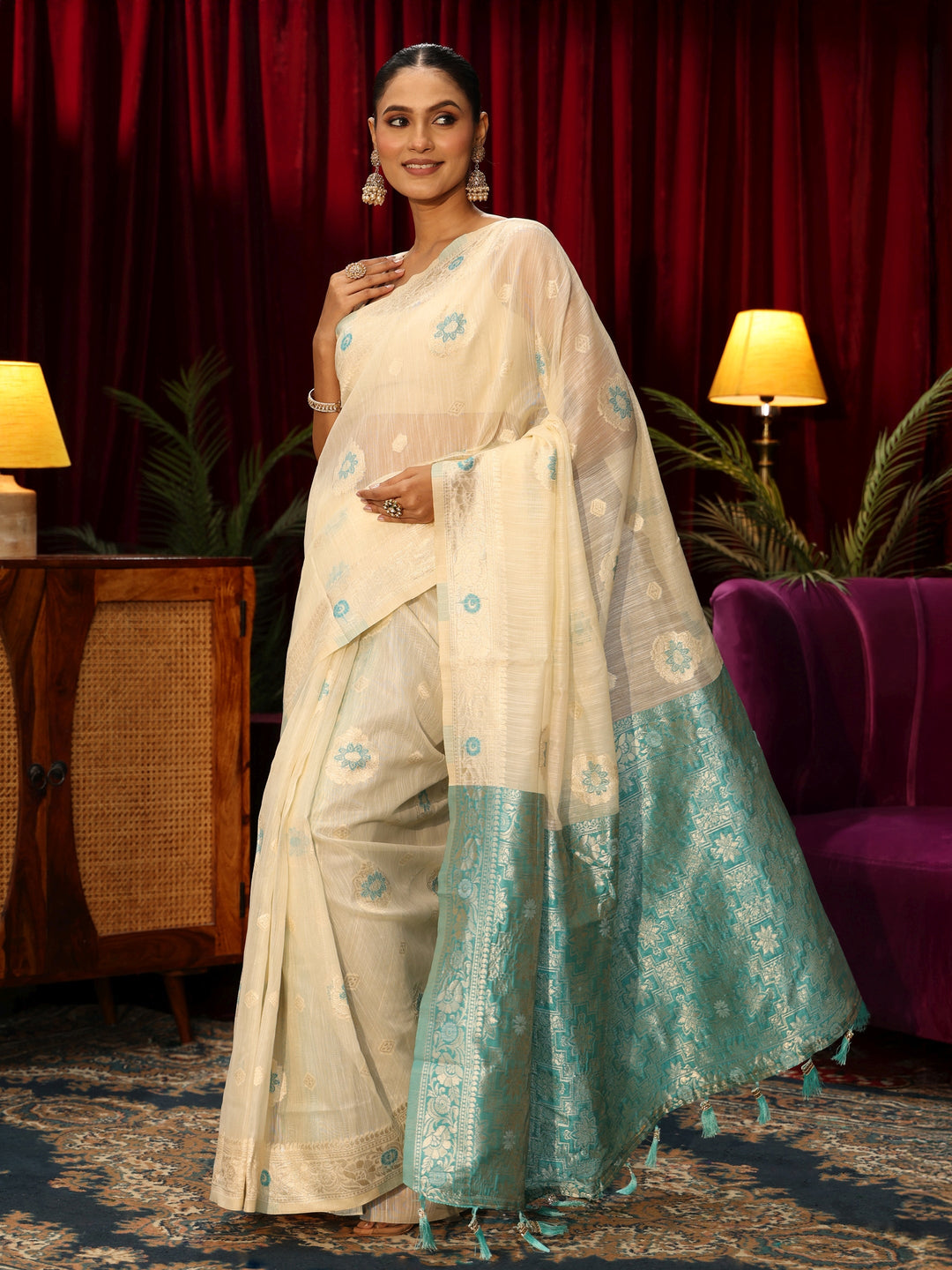  Libas Cream Floral Woven Design Silk Blend Tassel Saree 