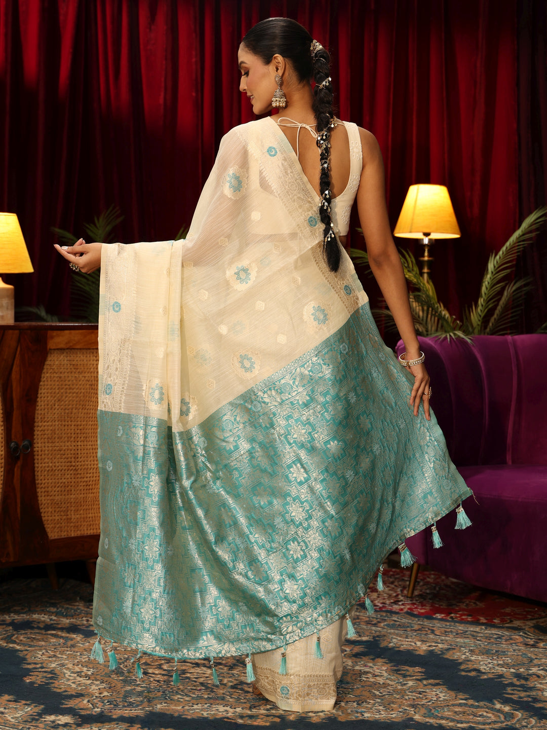  Libas Cream Floral Woven Design Silk Blend Tassel Saree 