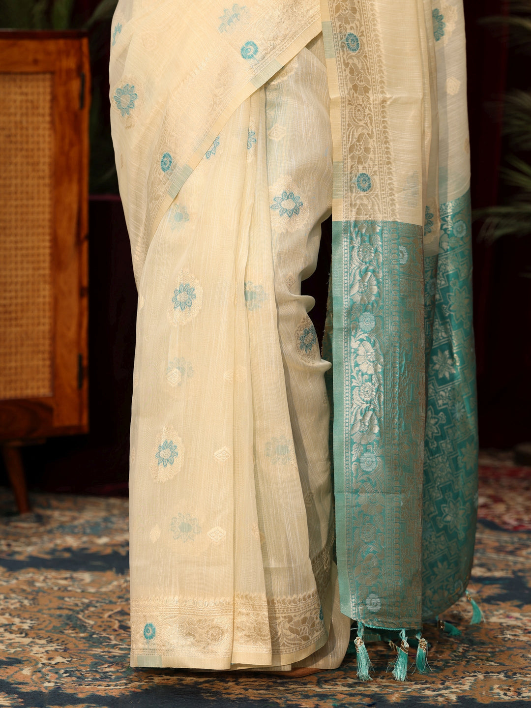  Libas Cream Floral Woven Design Silk Blend Tassel Saree 
