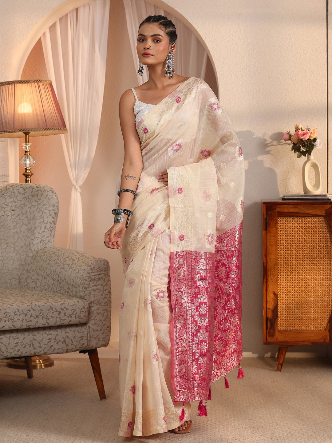  Libas Beige and Pink Floral Woven Design Silk Blend Tassel Saree 