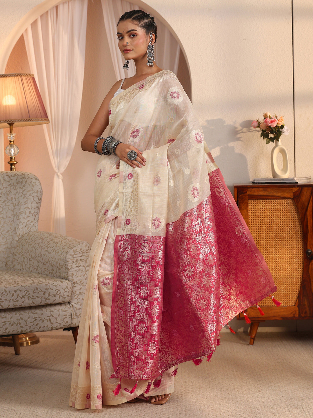  Libas Beige and Pink Floral Woven Design Silk Blend Tassel Saree 