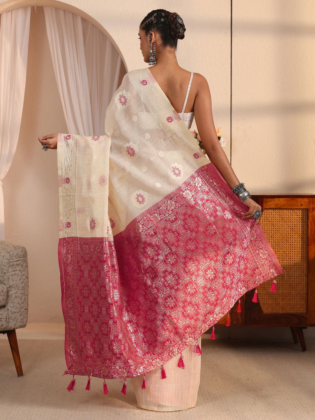  Libas Beige and Pink Floral Woven Design Silk Blend Tassel Saree 