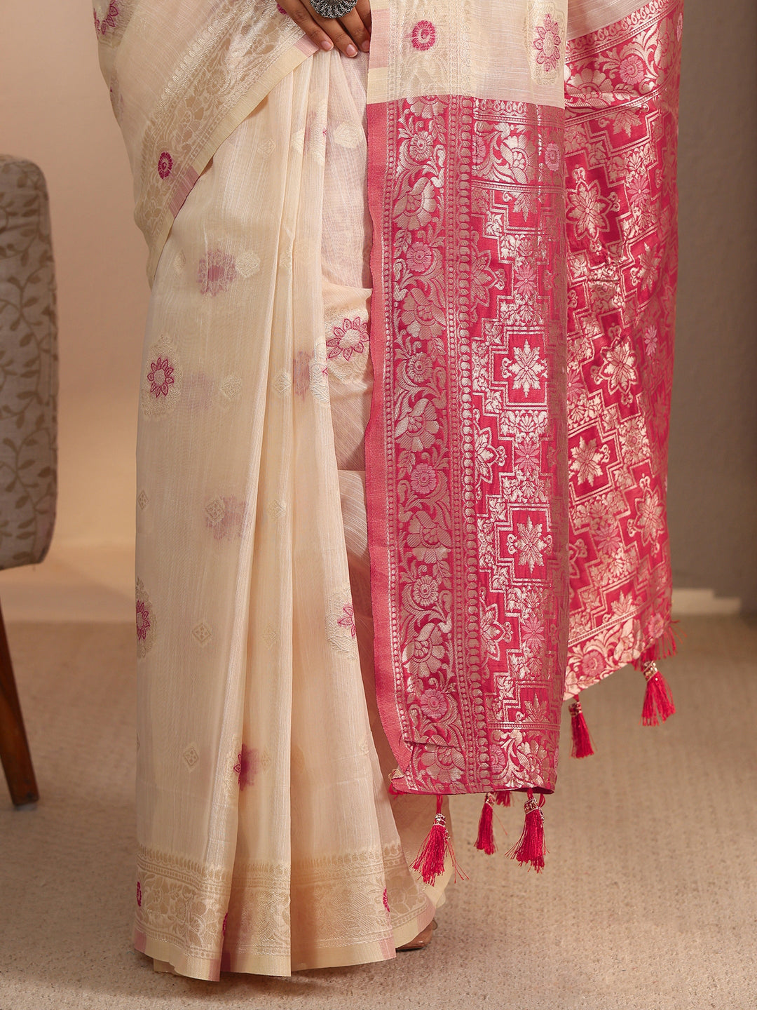  Libas Beige and Pink Floral Woven Design Silk Blend Tassel Saree 