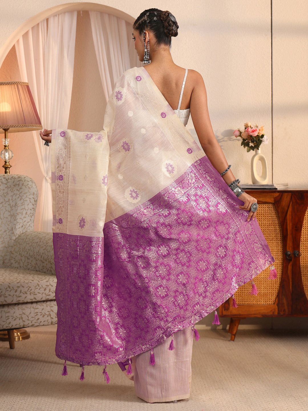 Libas Beige and Lavender Floral Woven Design Silk Blend Tassel Saree 