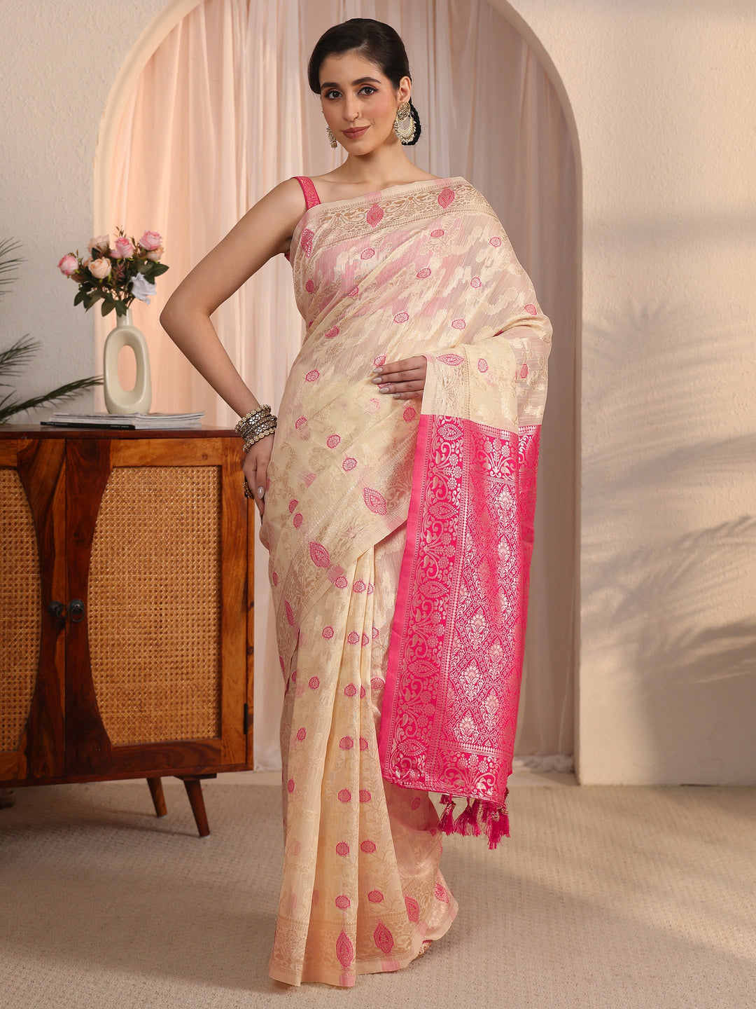  Libas Beige and Pink Floral Woven Design Silk Blend Tassel Saree 
