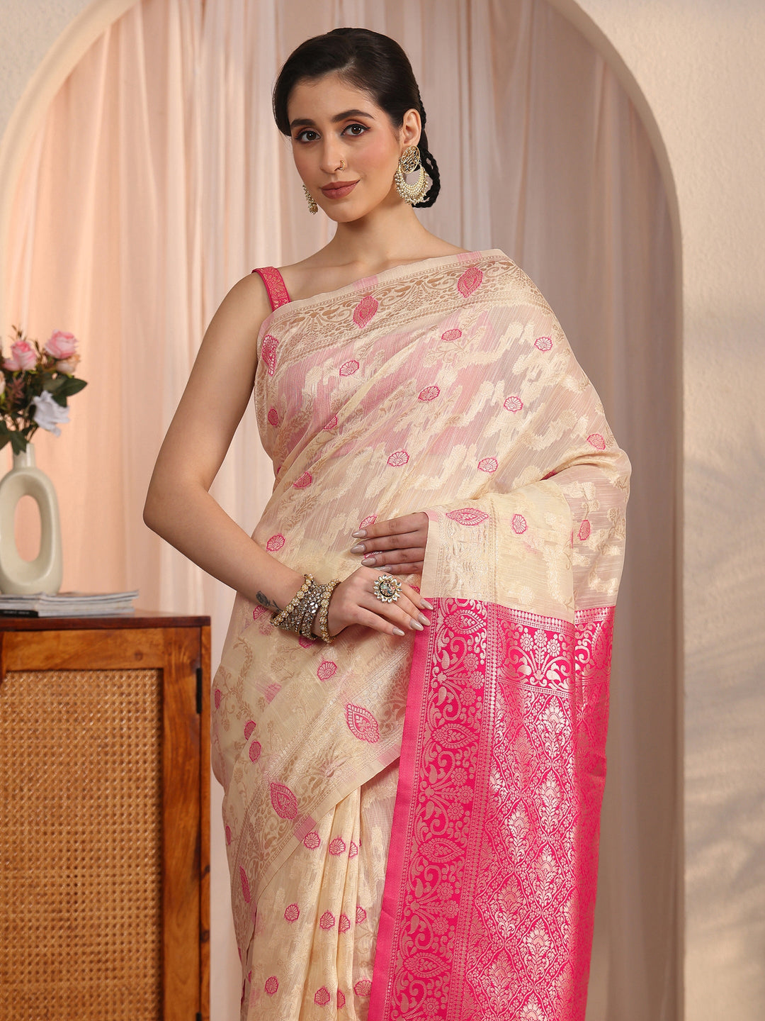  Libas Beige and Pink Floral Woven Design Silk Blend Tassel Saree 