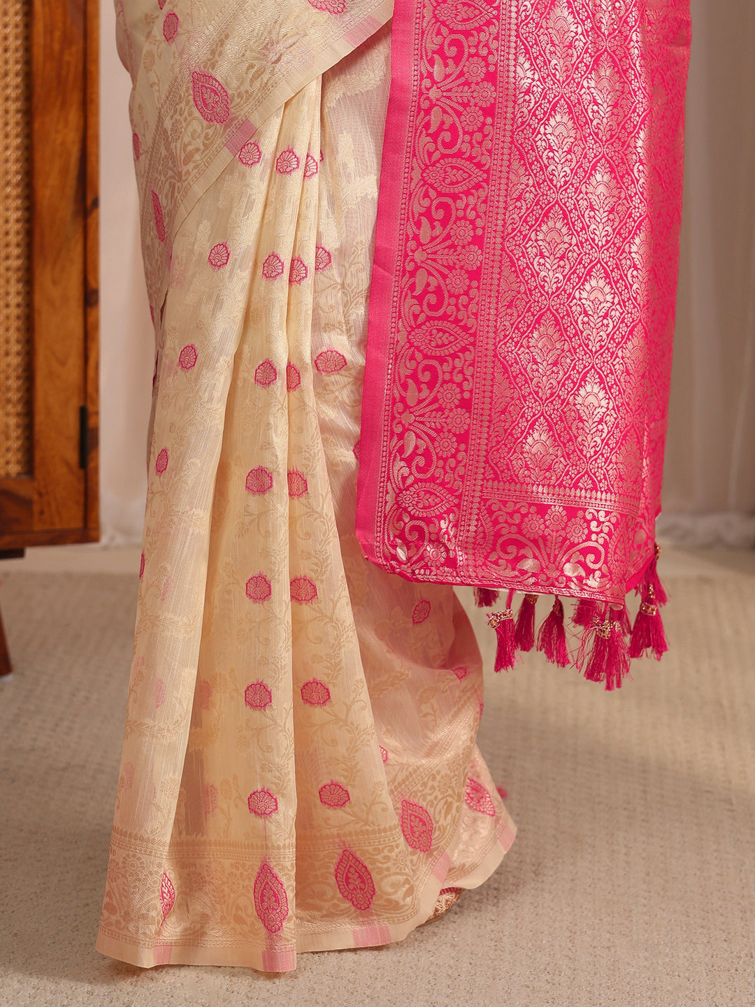  Libas Beige and Pink Floral Woven Design Silk Blend Tassel Saree 