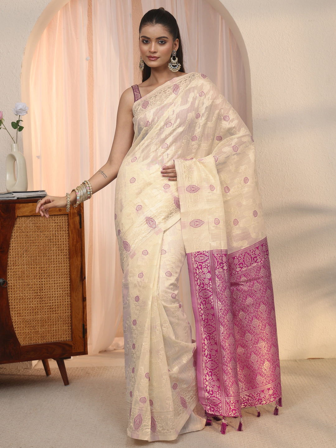  Libas Beige Floral Woven Design Silk Blend Saree 