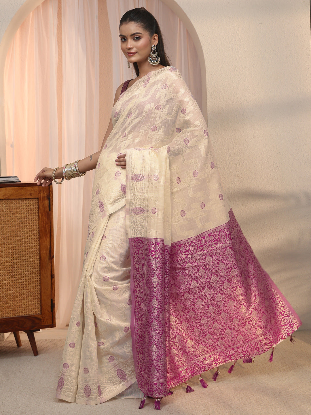  Libas Beige Floral Woven Design Silk Blend Saree 