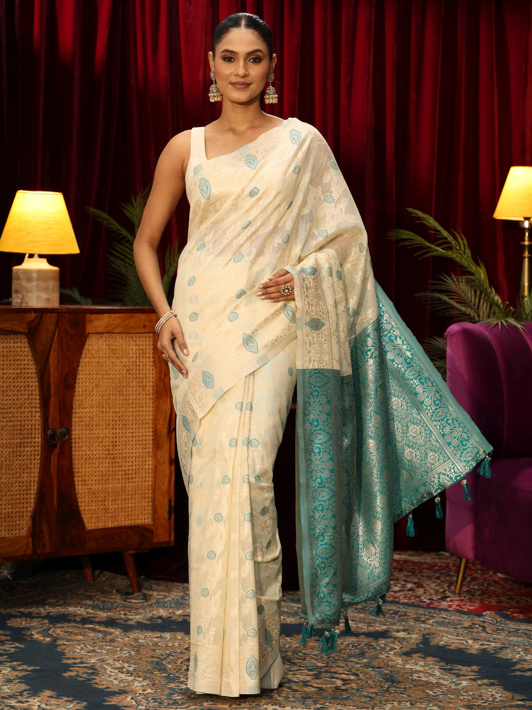  Libas Cream Floral Woven Design Silk Blend Tassel Saree 