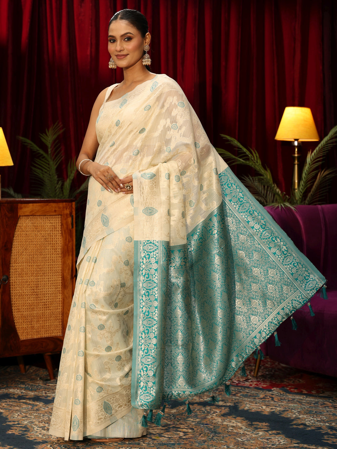  Libas Cream Floral Woven Design Silk Blend Tassel Saree 