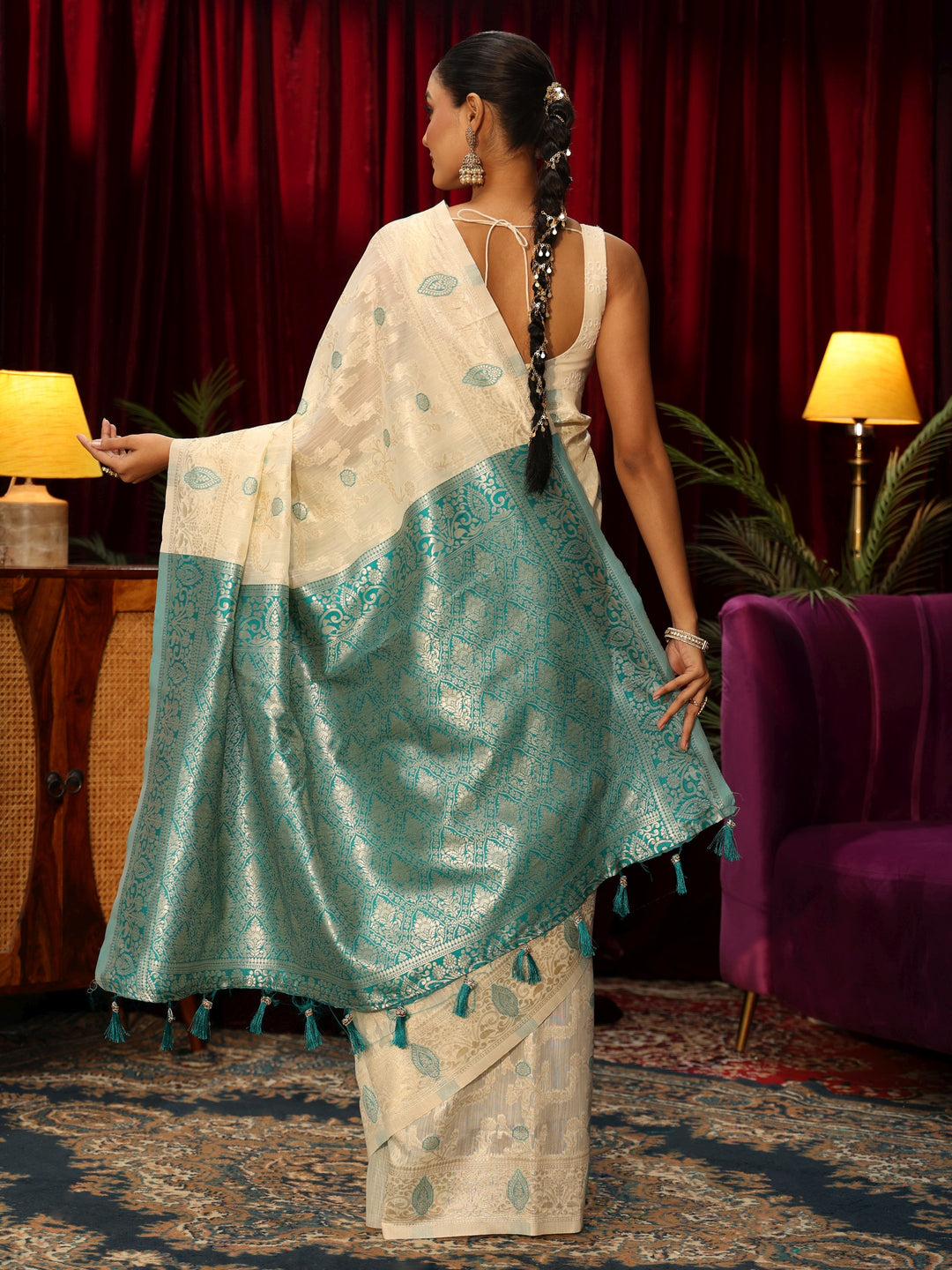  Libas Cream Floral Woven Design Silk Blend Tassel Saree 