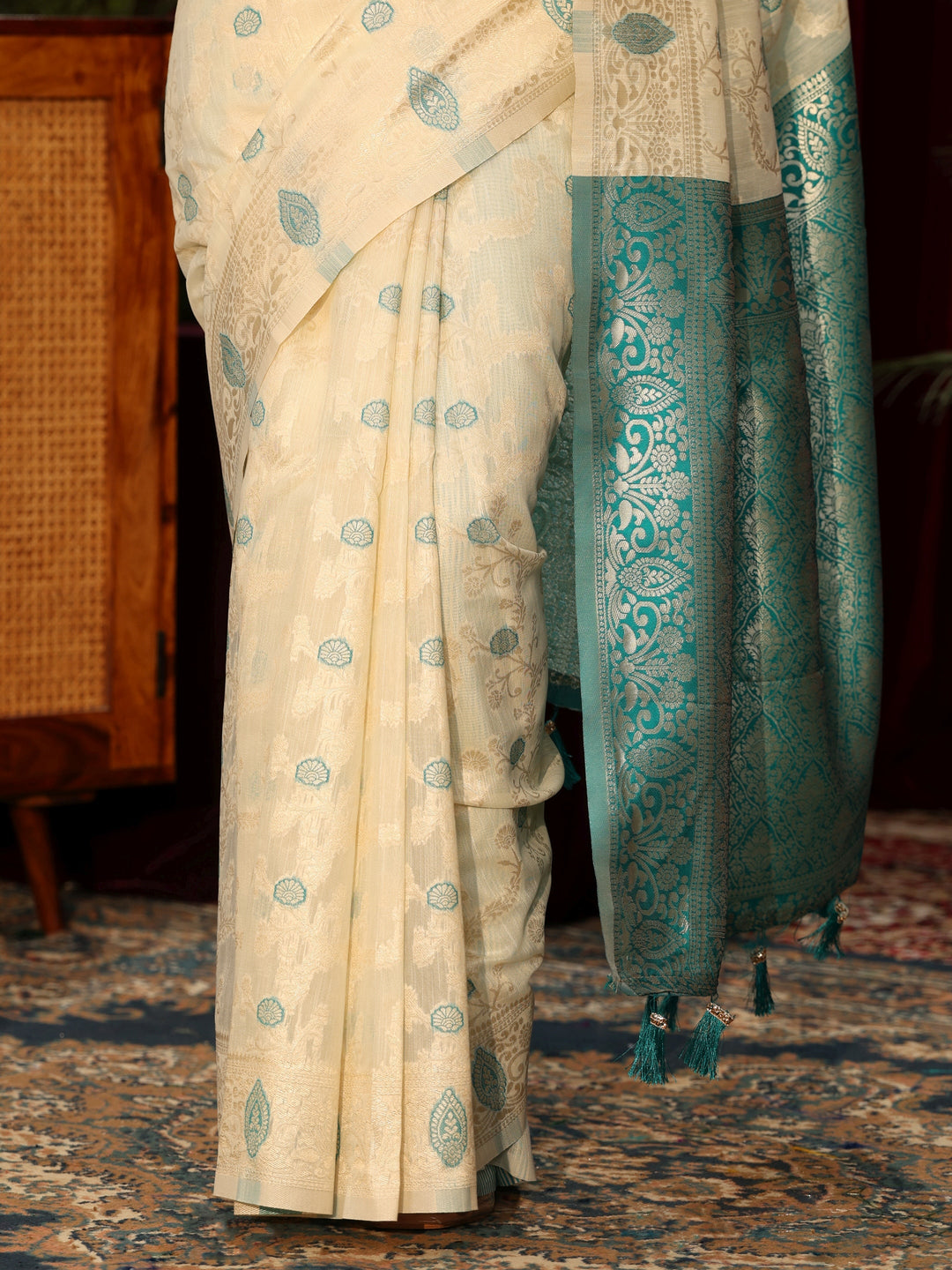  Libas Cream Floral Woven Design Silk Blend Tassel Saree 