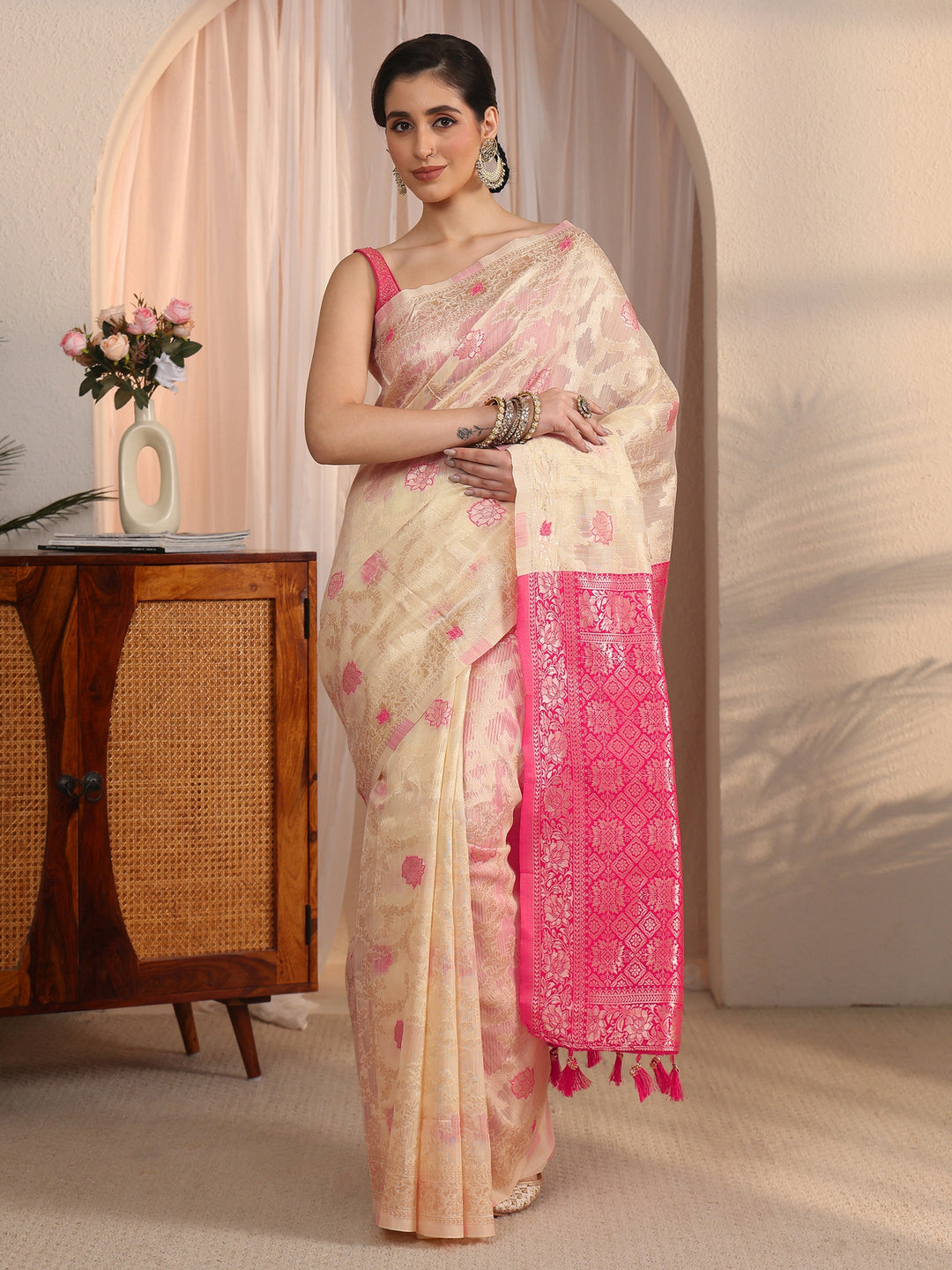  Libas Beige and Pink Floral Woven Design Silk Blend Tassel Saree 