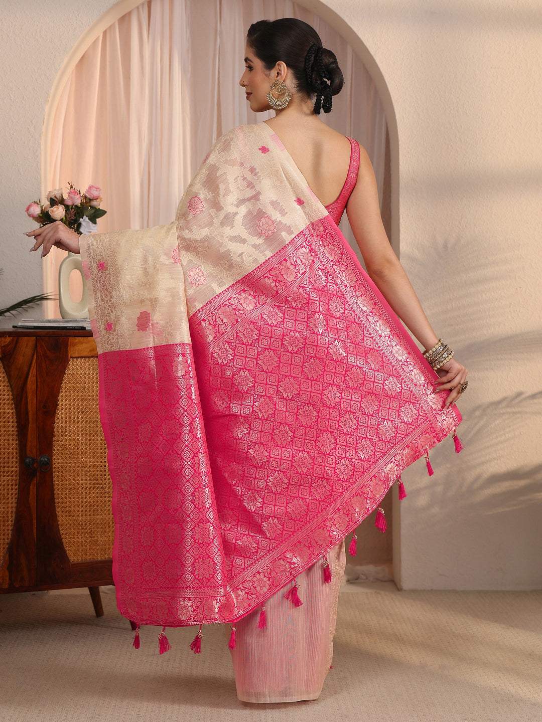  Libas Beige and Pink Floral Woven Design Silk Blend Tassel Saree 