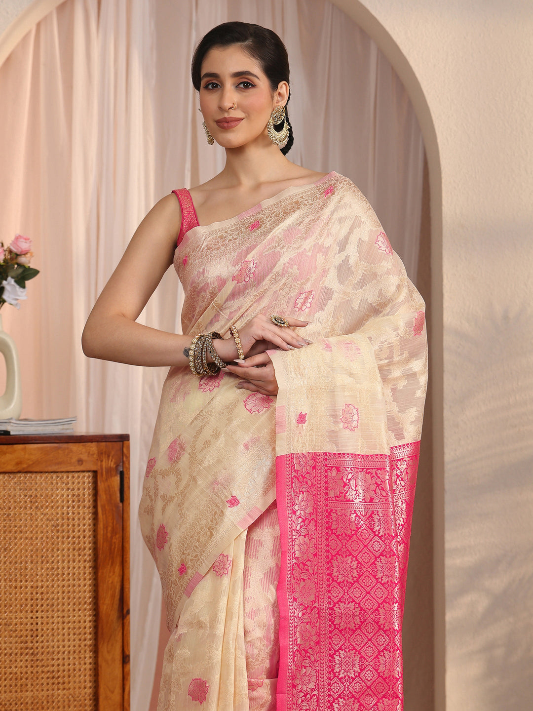  Libas Beige and Pink Floral Woven Design Silk Blend Tassel Saree 