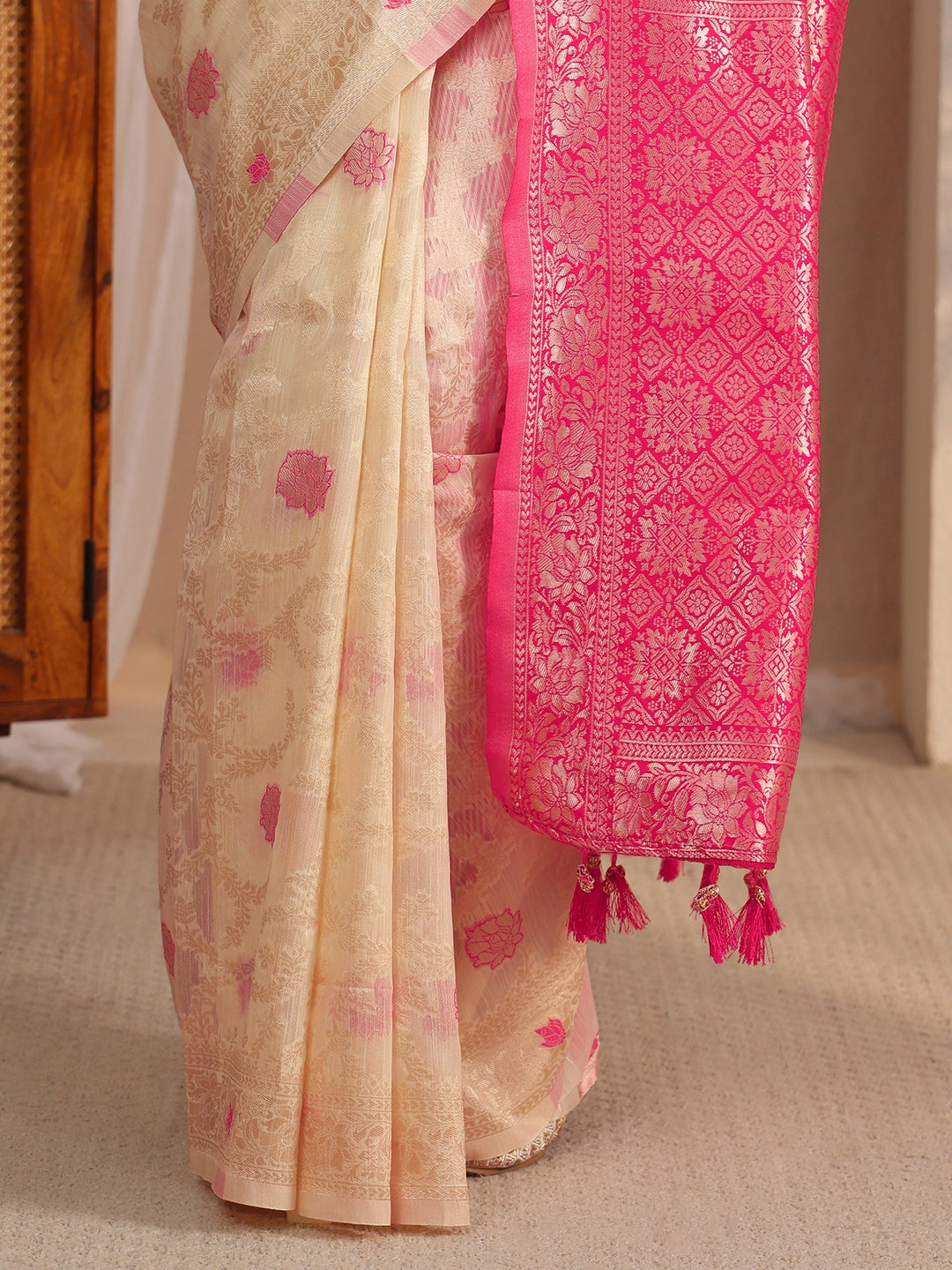  Libas Beige and Pink Floral Woven Design Silk Blend Tassel Saree 