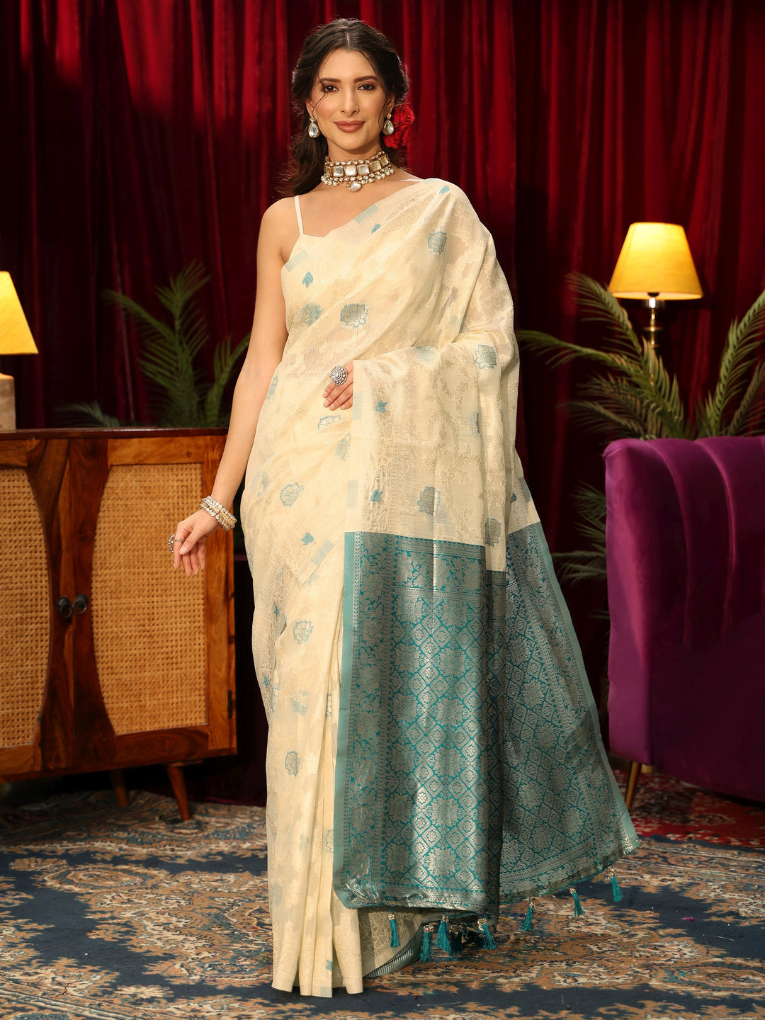  Libas Cream Floral Woven Design Silk Blend Tassel Saree 