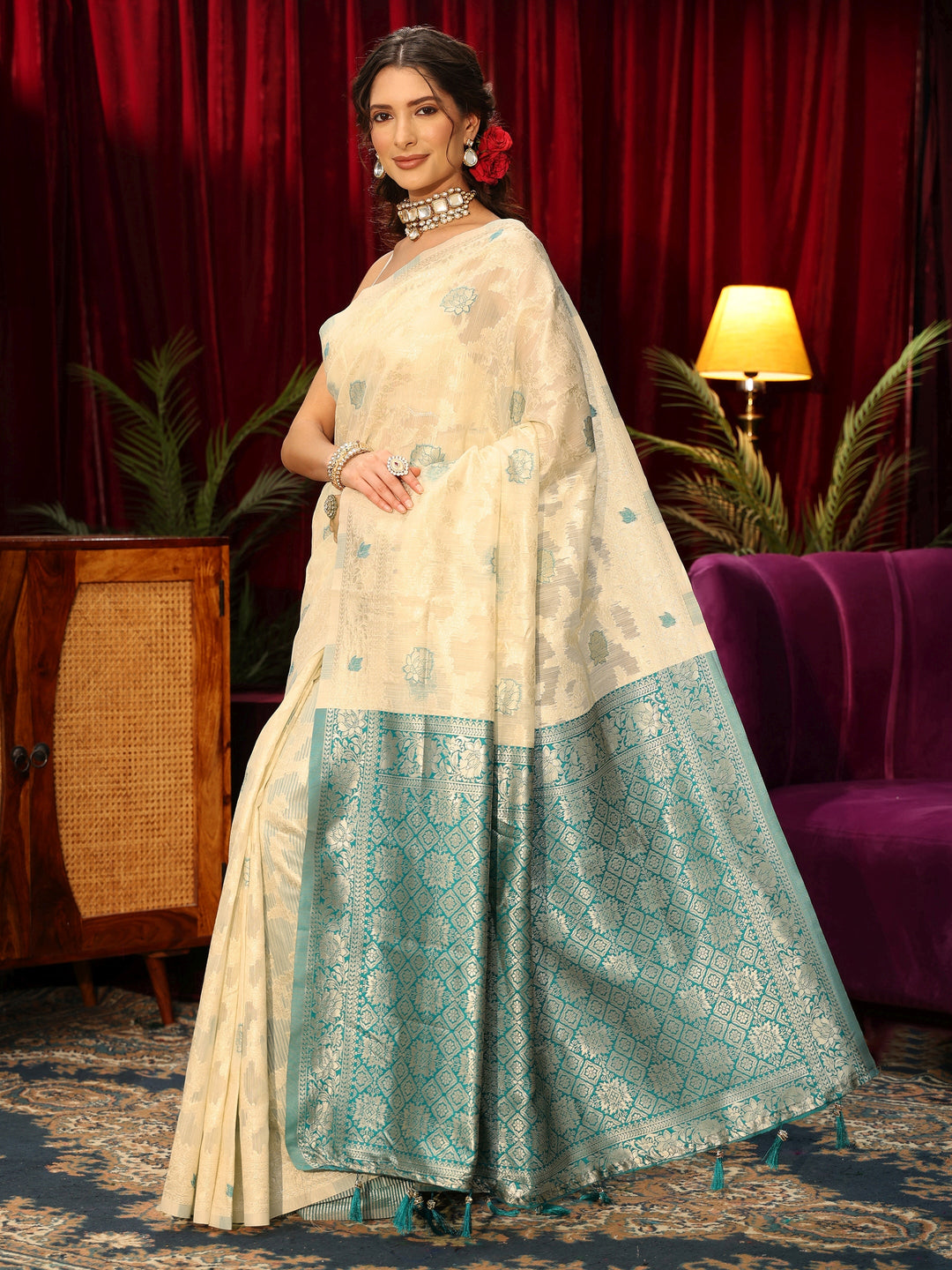  Libas Cream Floral Woven Design Silk Blend Tassel Saree 