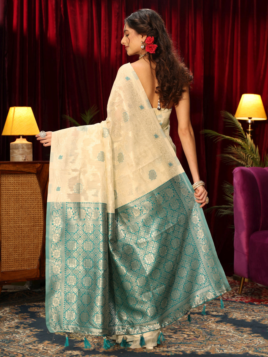  Libas Cream Floral Woven Design Silk Blend Tassel Saree 