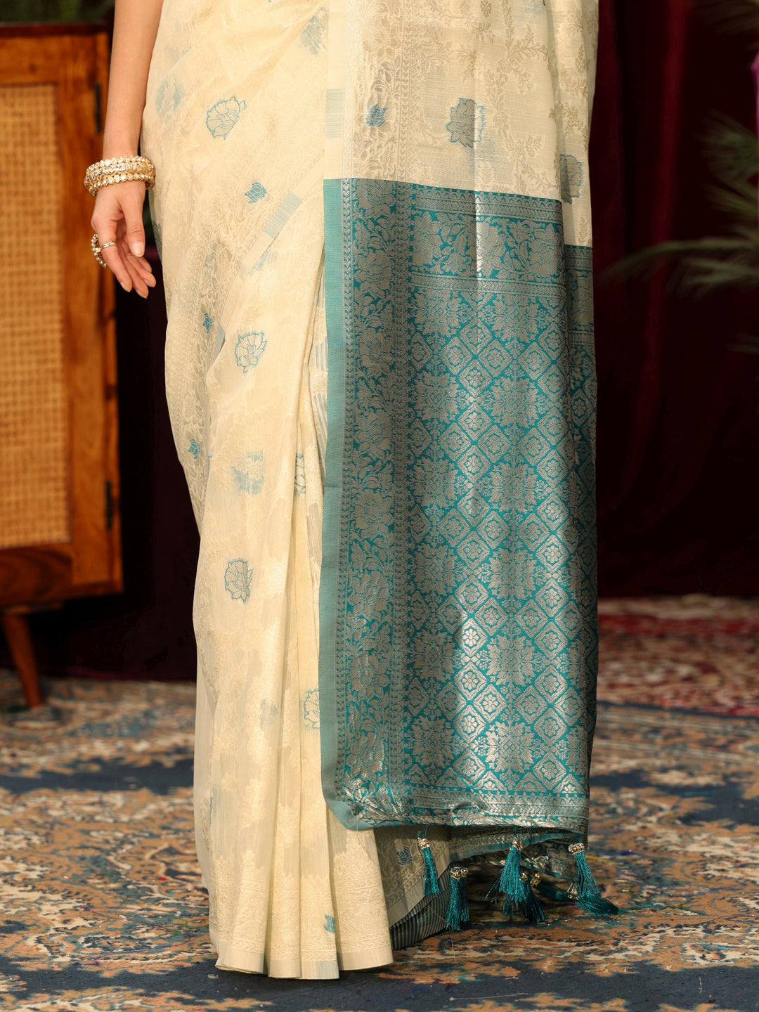  Libas Cream Floral Woven Design Silk Blend Tassel Saree 