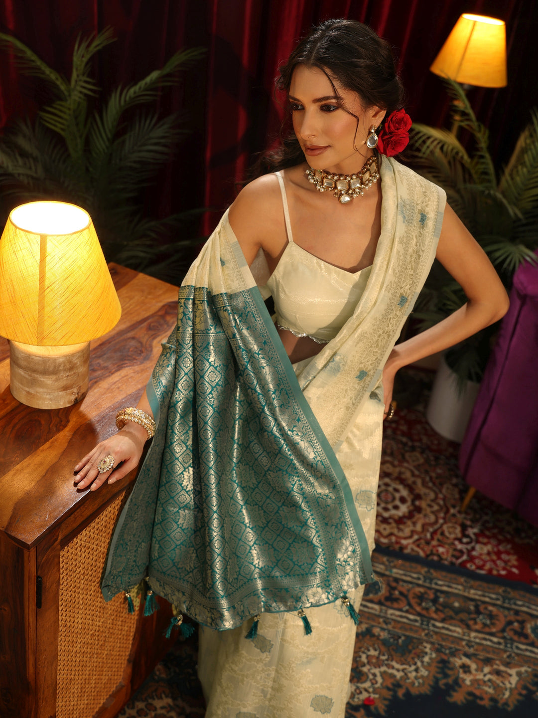  Libas Cream Floral Woven Design Silk Blend Tassel Saree 